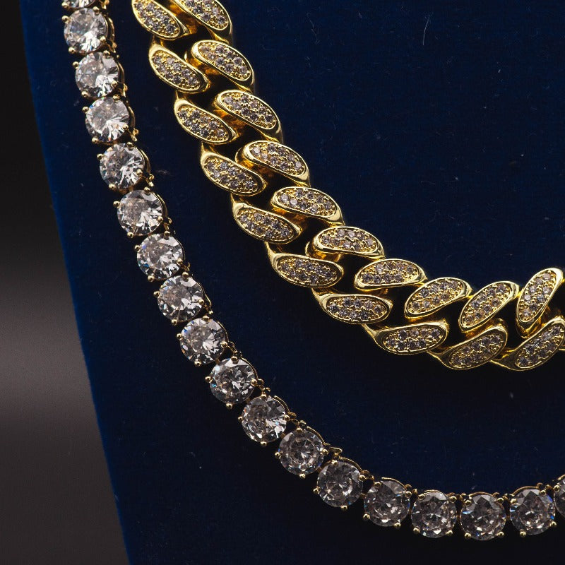 Moissanite Cuban Link + Tennis Chain Bundle in 18K Gold Set