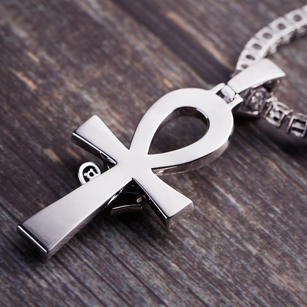 Iced Out The Eye Of Horus Ankh Mens Cross Moissanite Pendant in White Gold
