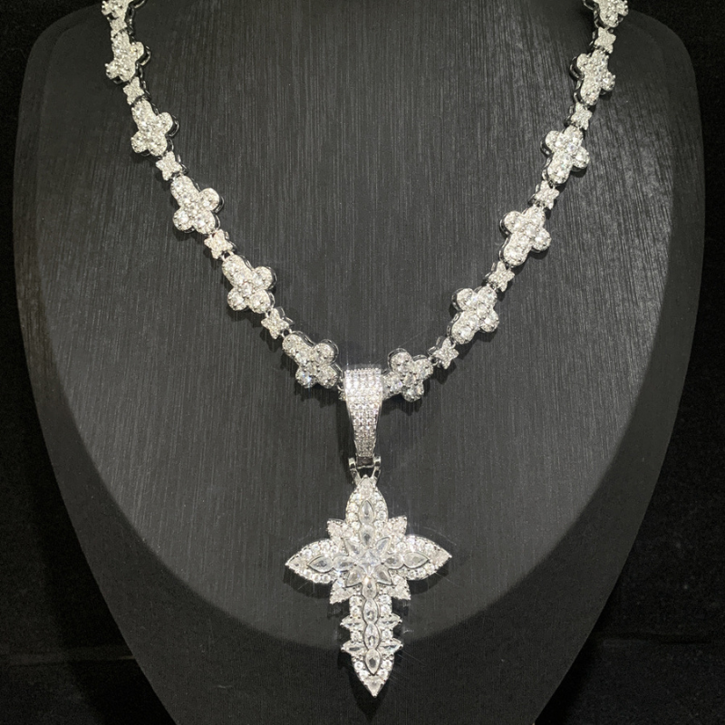 Moissanite Ice Lotus Flower Cross Pendant Chain Set