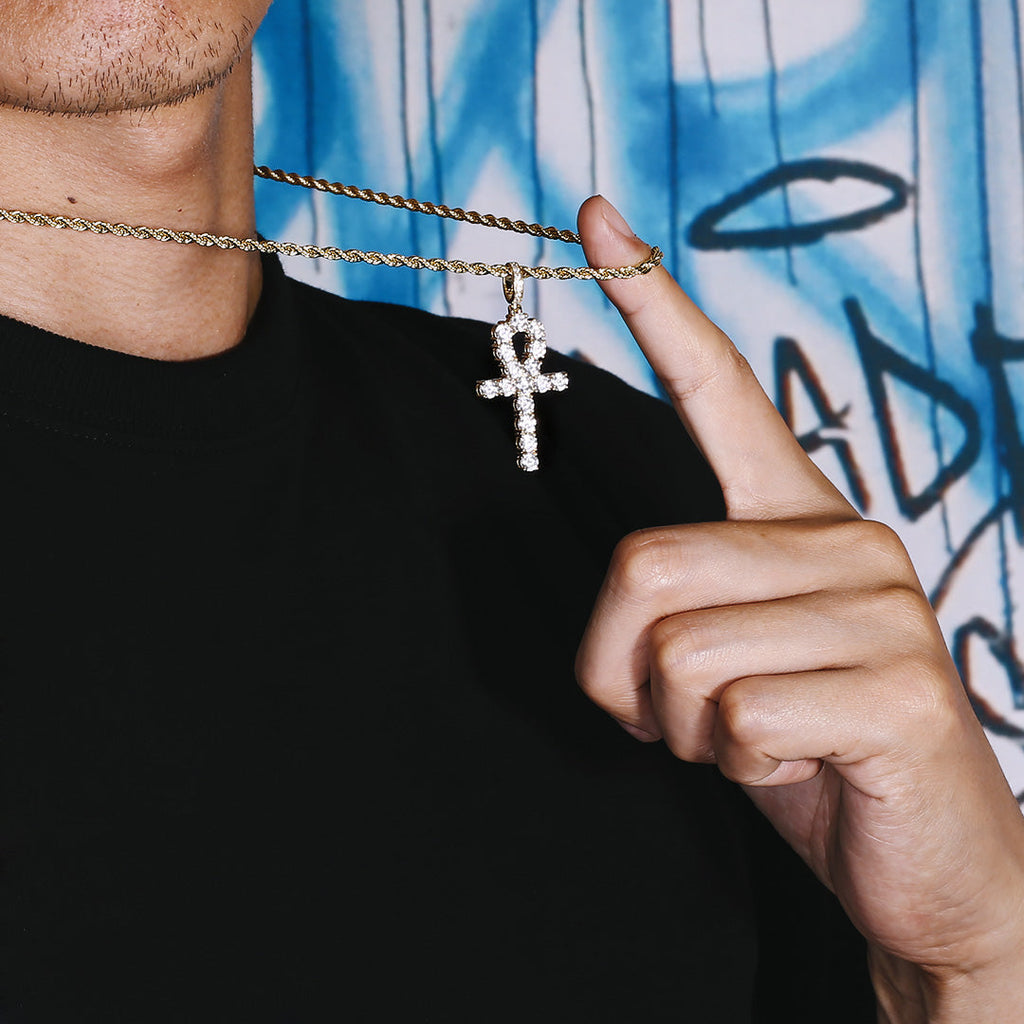 Iced Out ANKH Cross Moissanite Pendant in 14K Gold