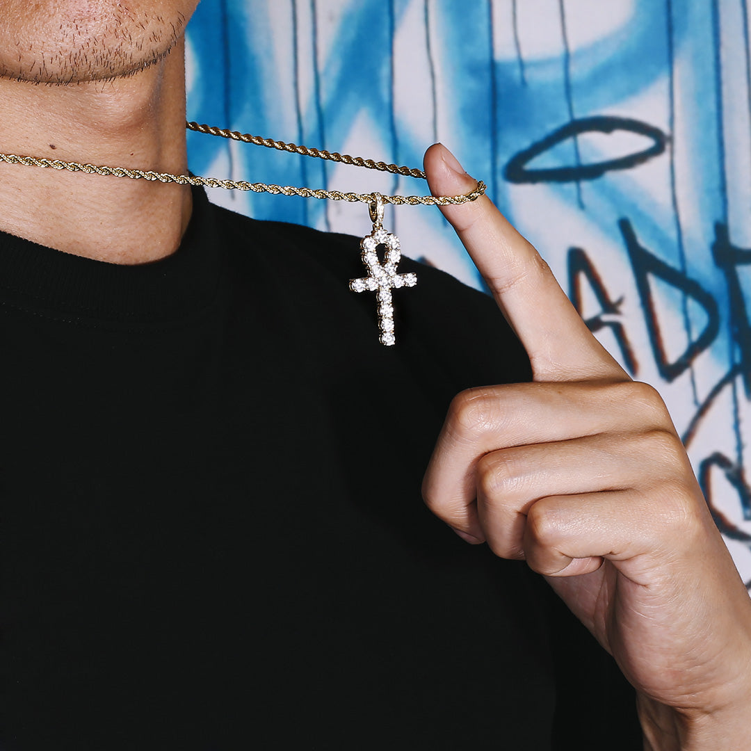 Iced Out ANKH Cross Moissanite Pendant in 14K Gold