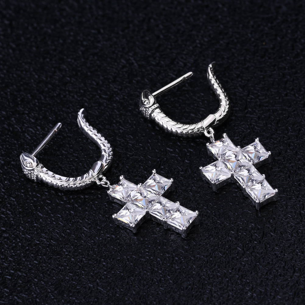 S925 & Moissanite "Snake Hoop Dangle Cross" Earrings