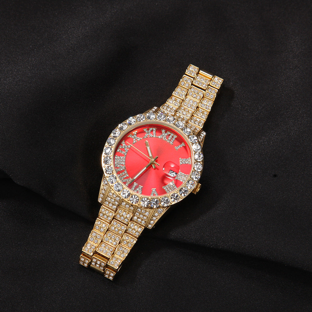 Iced Roman Numerals Watch - Red Dial, 18K White Gold Plated, 45mm