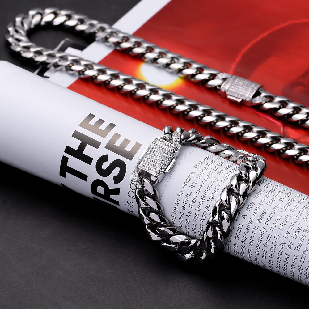 12mm Iced Out Clasp Moissanite Cuban Link Chain and Bracelet Set