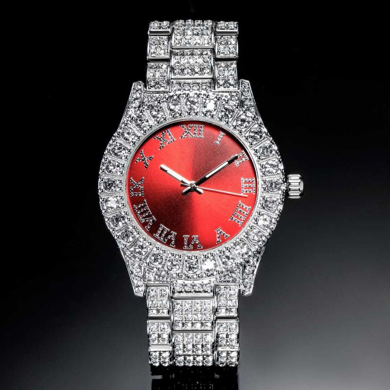 Iced Roman Numerals Watch and 12mm Moissanite Cuban Bracelet Set in White Gold