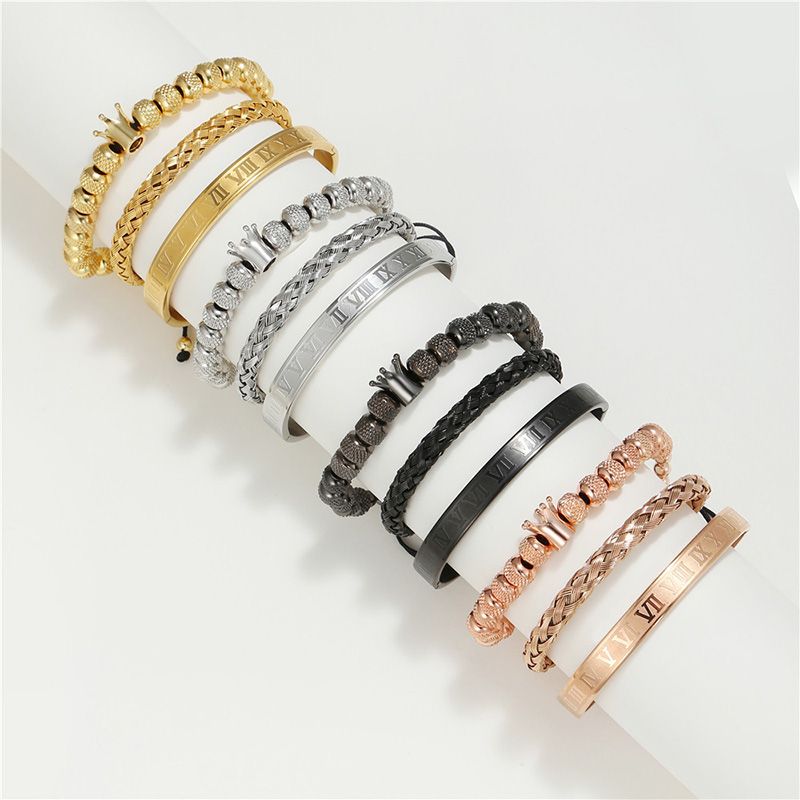 3Pcs Crown Beads and Roman Number Steel Bracelet Set