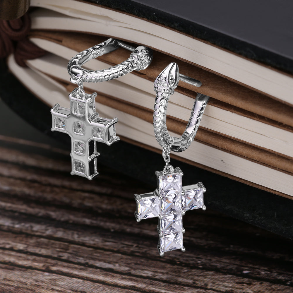 S925 & Moissanite "Snake Hoop Dangle Cross" Earrings