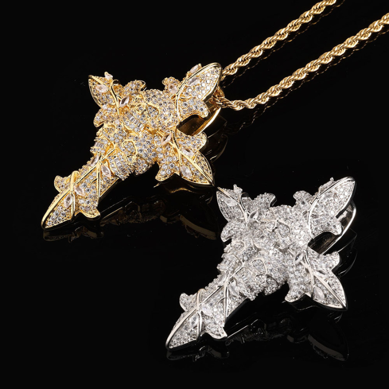 Moissanite Hip Hop Skull Rose Cross Pendant