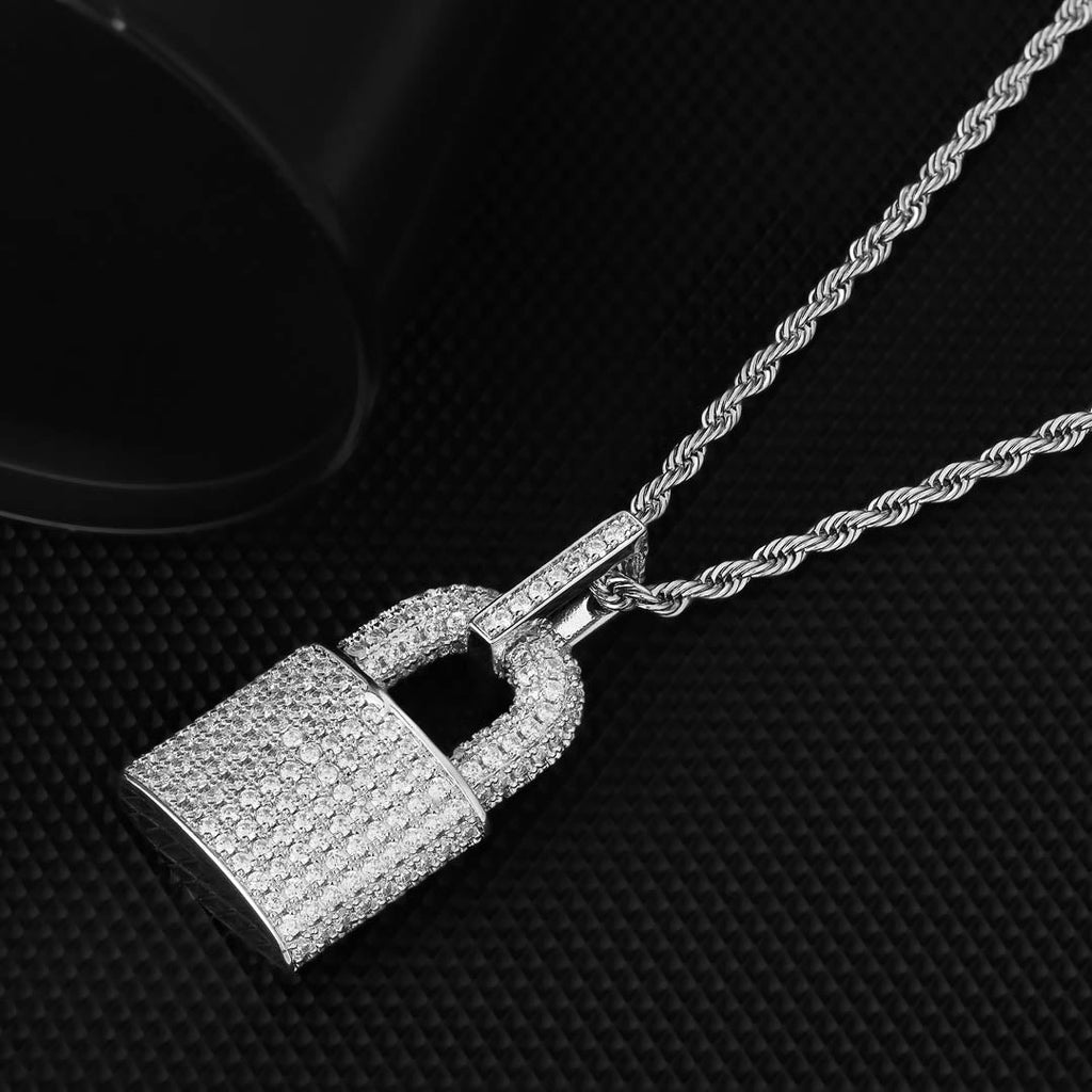 Iced Out Lock Mens Moissanite Pendant Necklace in White Gold