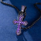 Iced Purple Princess Cut Cross Moissanite Pendant in Black Gold