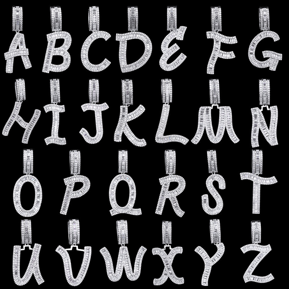 Iced Out Baguette Cut Letters Pendant Name Moissanite Necklace in White Gold/Gold