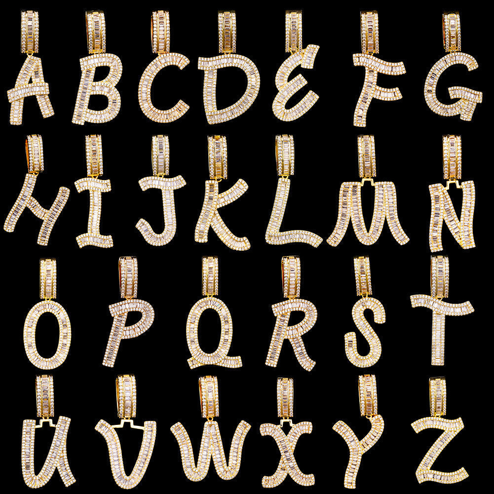 Iced Out Baguette Cut Letters Pendant Name Moissanite Necklace in White Gold/Gold