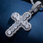 Iced Hollow Round Cut Cross Moissanite Pendant in White Gold