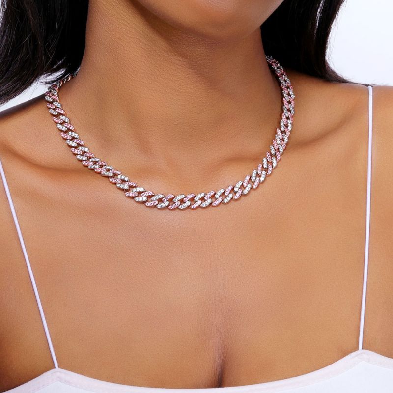 Women's 11mm Iced Pink&White Two-tone Cuban Link Chain