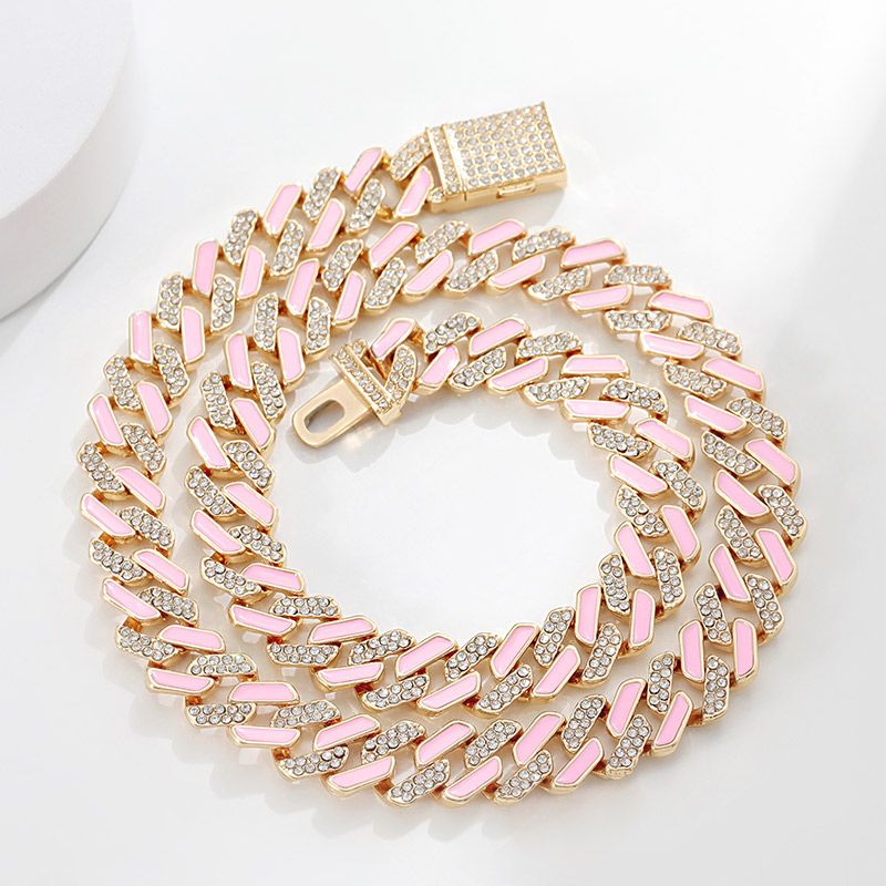 11mm Half Stones and Pink  Cuban Link Choker Set