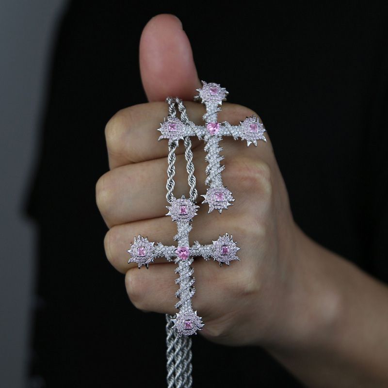 Iced Pink Heart Cross of Thorns Moissanite Pendant