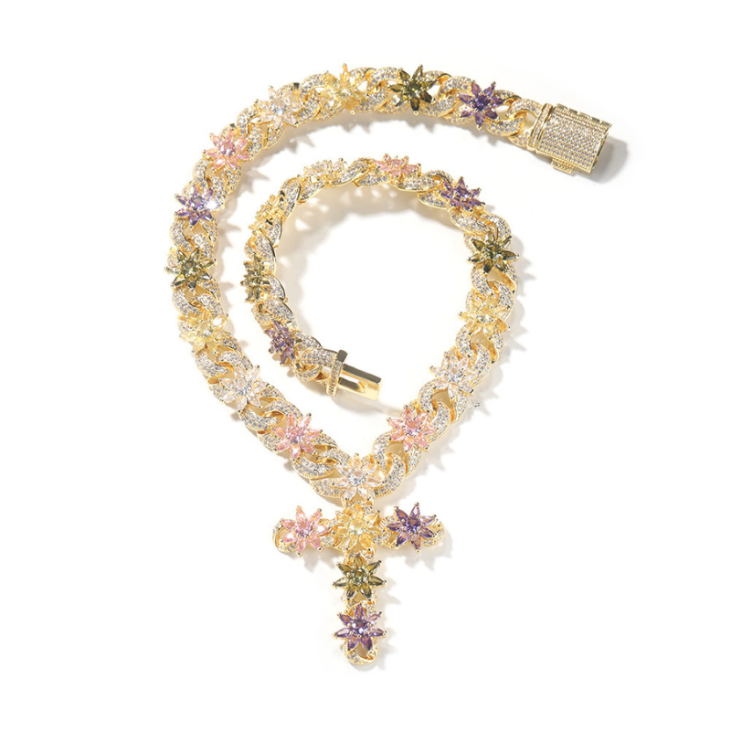 Moissanite Colored Ice Flower Cross Chain