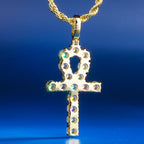 Iced Out ANKH Cross Moissanite Pendant in 14K Gold