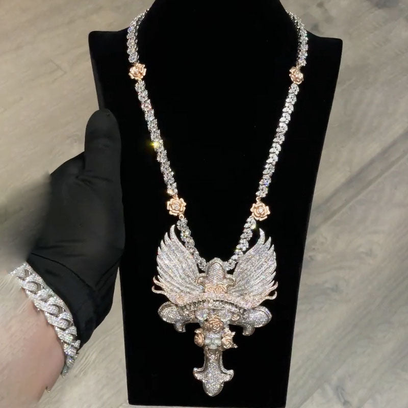Hip Hop | "Flyboy Lifestyle" Letter Wings Rose Cross Pendant