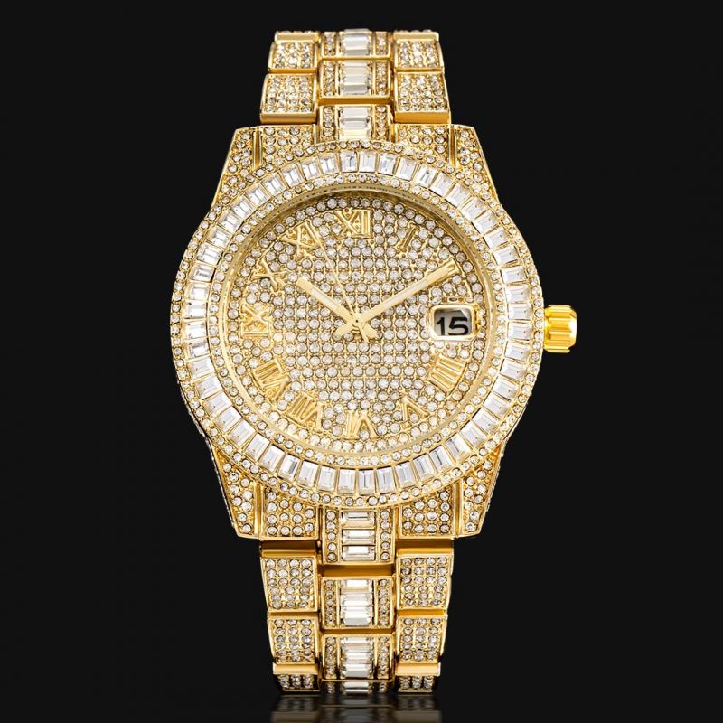 Iced Baguette Cut Roman Numerals Men's Watch in Gold