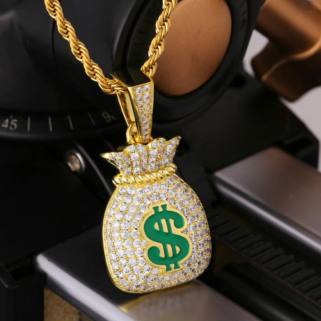 Iced Out Money Bag Mens Moissanite Pendant Necklace in 14K Gold