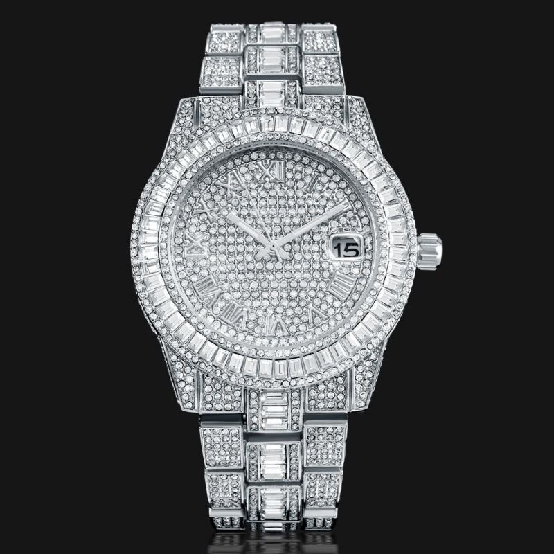 Iced Baguette Cut Roman Numerals Men's Watch in White Gold