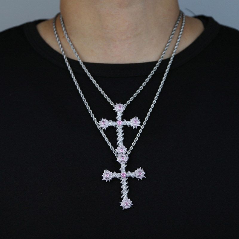 Iced Pink Heart Cross of Thorns Moissanite Pendant