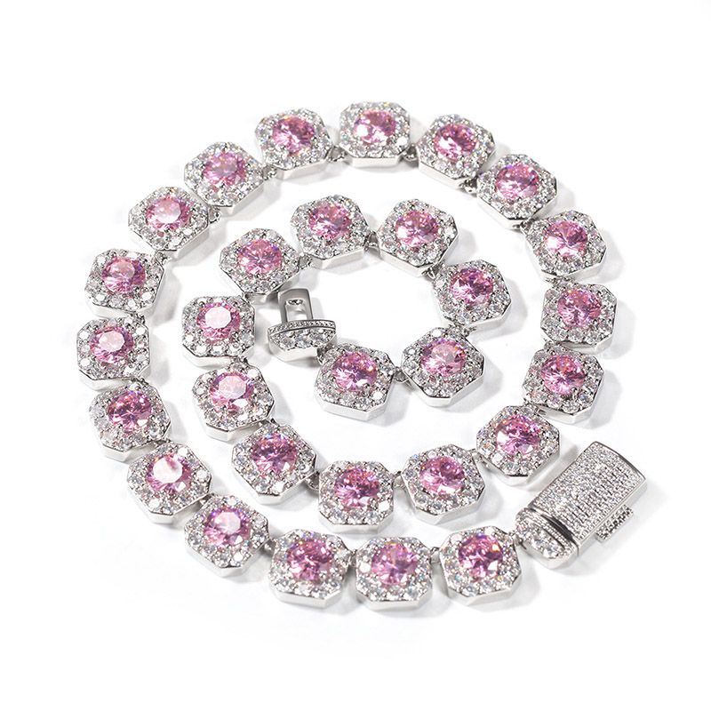 12mm Handset Pink Clustered Moissanite Tennis Chain in White Gold