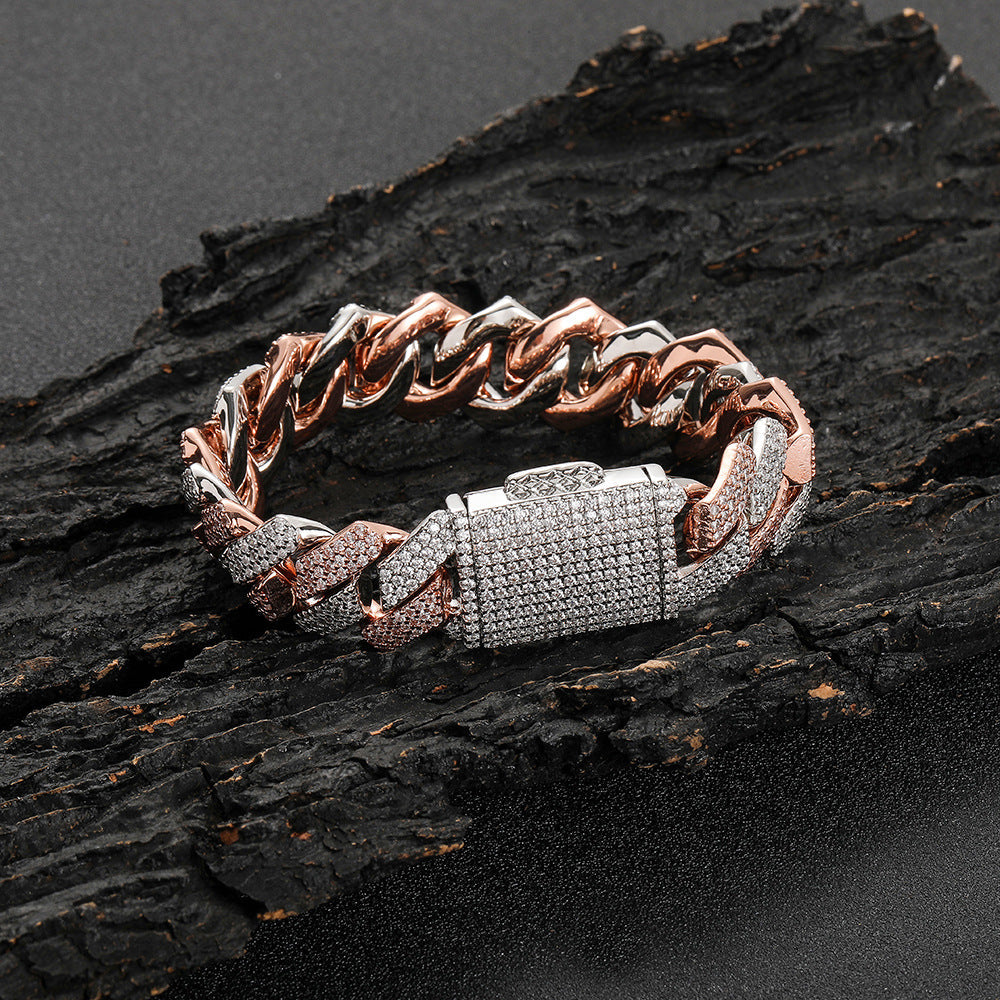 18mm Moissanite Prong Cuban Bracelet 2 Tone White/Rose Gold