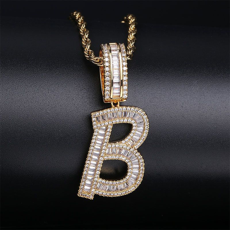 Iced Out Baguette Cut Letters Pendant Name Moissanite Necklace in White Gold/Gold