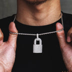 Iced Out Lock Mens Moissanite Pendant Necklace in White Gold