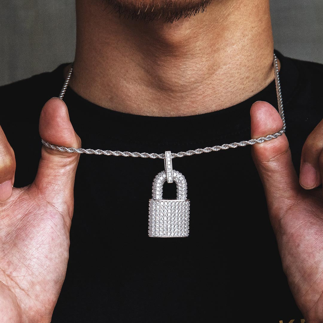 Iced Out Lock Mens Moissanite Pendant Necklace in White Gold