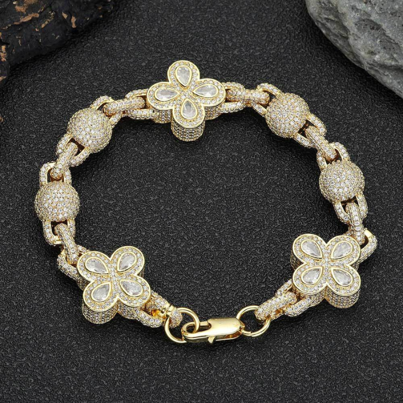 Moissanite Hip Hop Bubble Beads Clovers Bracelet