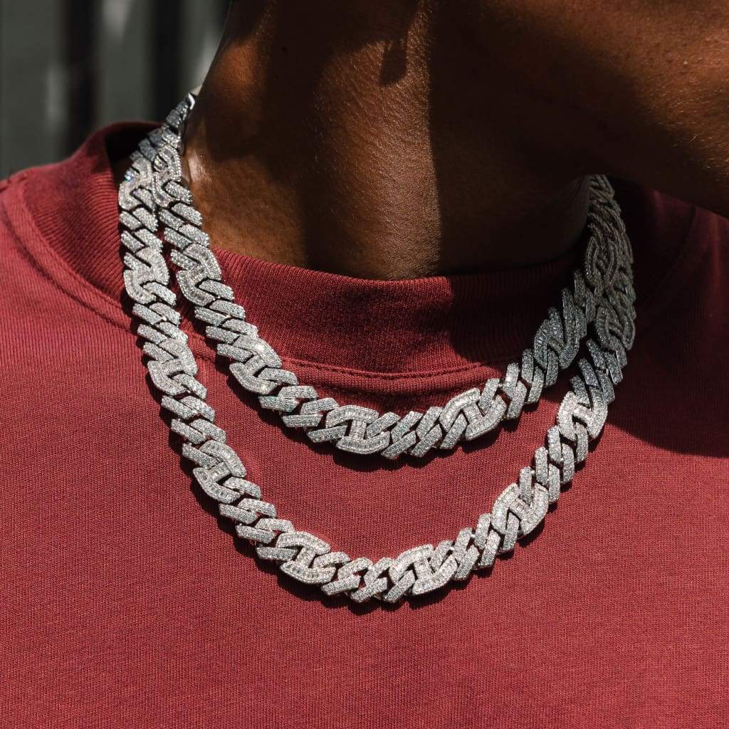 15mm Moissanite Prong Baguette Cuff Chain White Gold
