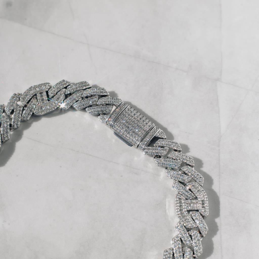 15mm Moissanite Prong Baguette Cuff Chain White Gold