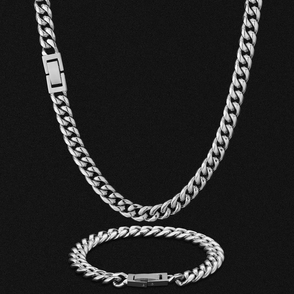 8mm Miami Cuban Link Chain and Bracelet Set in White Gold