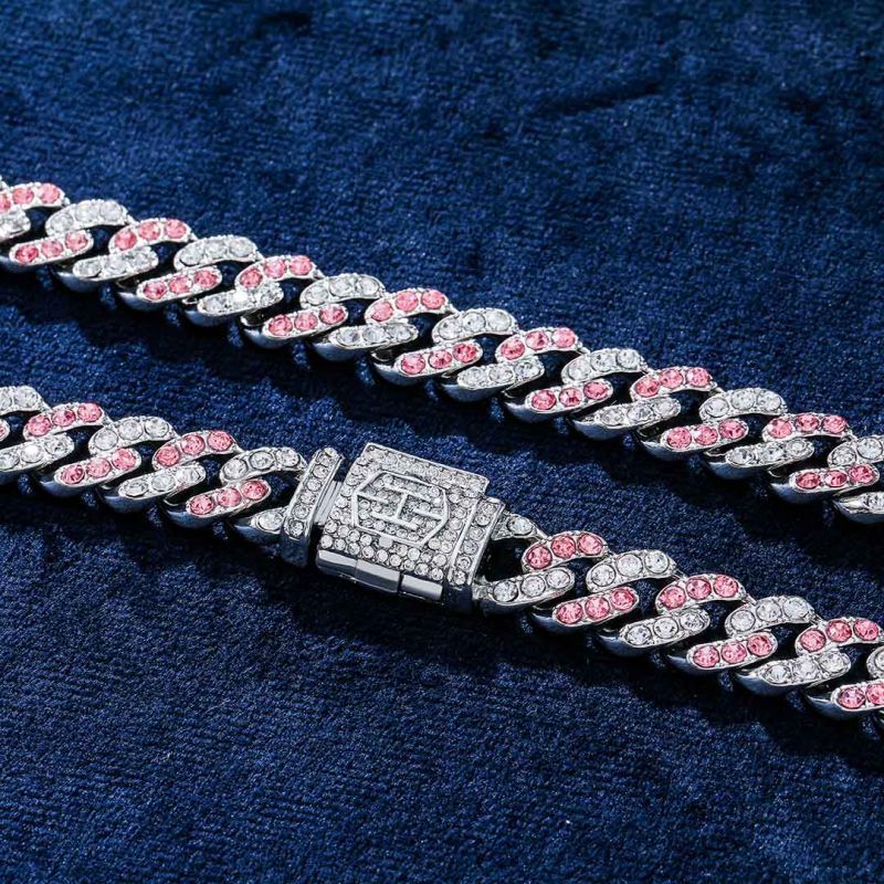 Women's 11mm Iced Pink&White Two-tone Cuban Link Chain