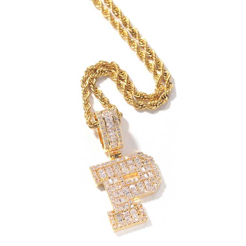 Baguette A to Z Initials Letters Moissanite Pendants in White Gold