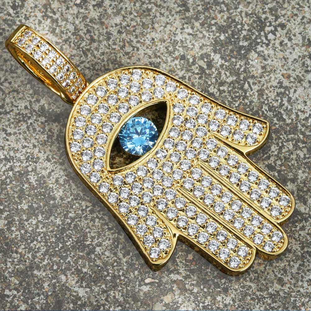 Iced Out Hamsa Hand Mens Moissanite Pendant Necklace in 14K Gold