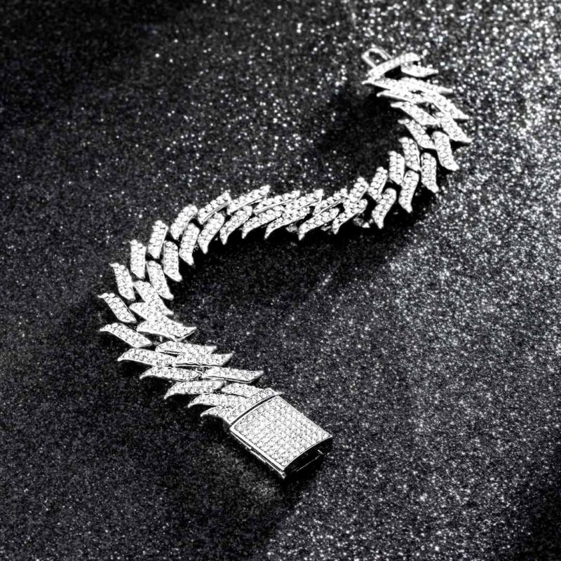 18mm Moissanite Iced Spiked Cuban Bracelet in White Gold