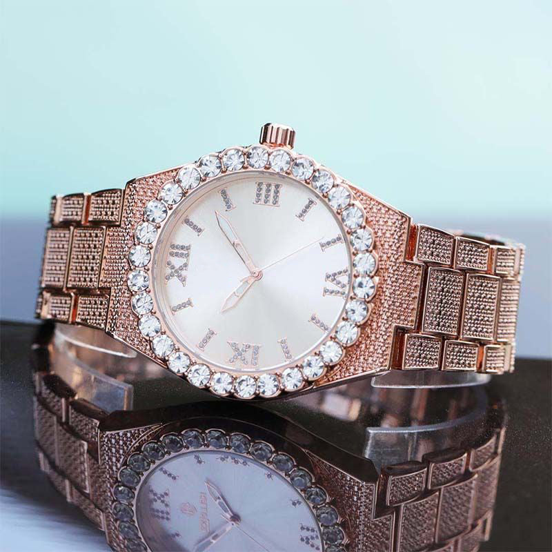 43mm Iced Round Cut Roman Numerals Men's Watch in Rose Gold
