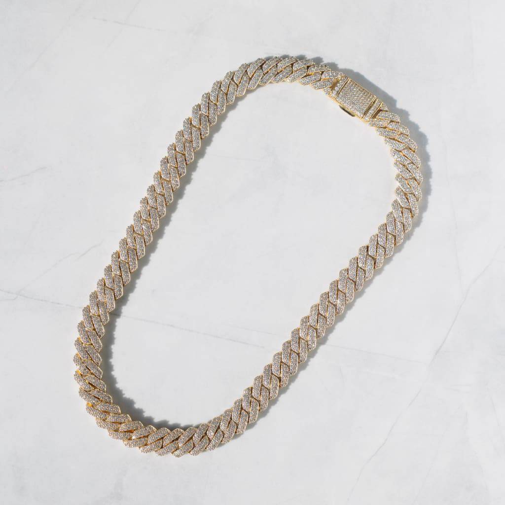 12mm Moissanite Diamond Prong Cuban Chain 18k Gold