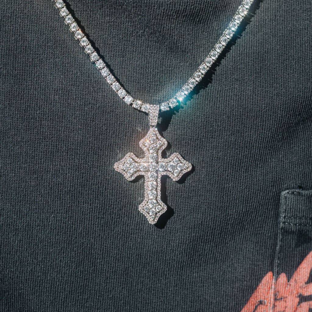 Clustered Cross White Gold Moissanite Pendant
