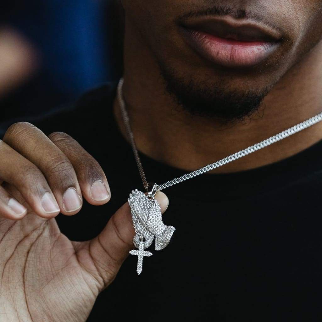 Iced Praying Hand White Gold Moissanite Pendant