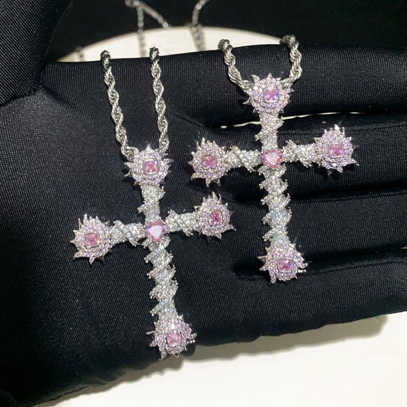 Iced Pink Heart Cross of Thorns Moissanite Pendant