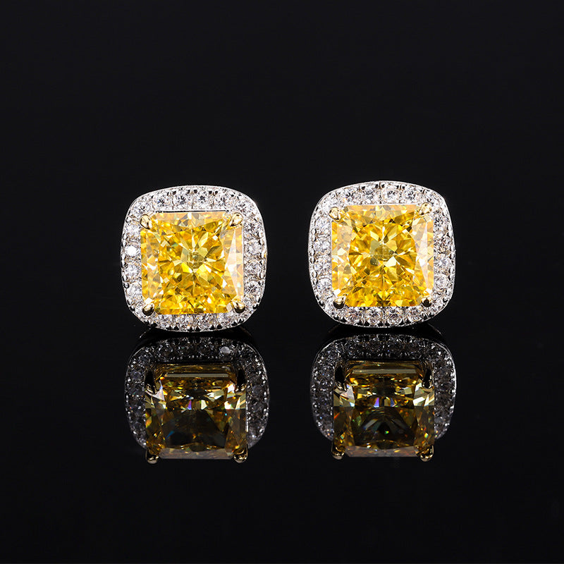 S925 Silver 8mm Diameter Colored Square Moissanite Flower Cut Earrings