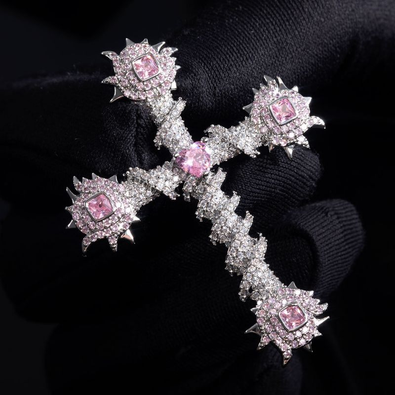 Iced Pink Heart Cross of Thorns Moissanite Pendant