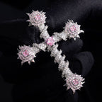 Iced Pink Heart Cross of Thorns Moissanite Pendant