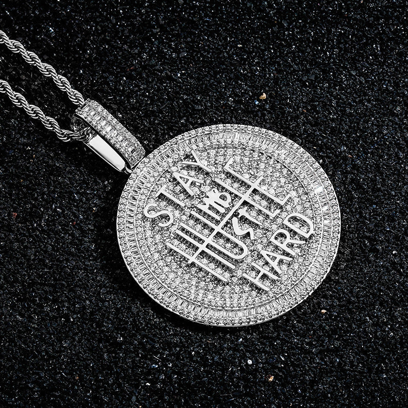 Moissanite Ice Baguette Cut Keep Calm Round Pendant