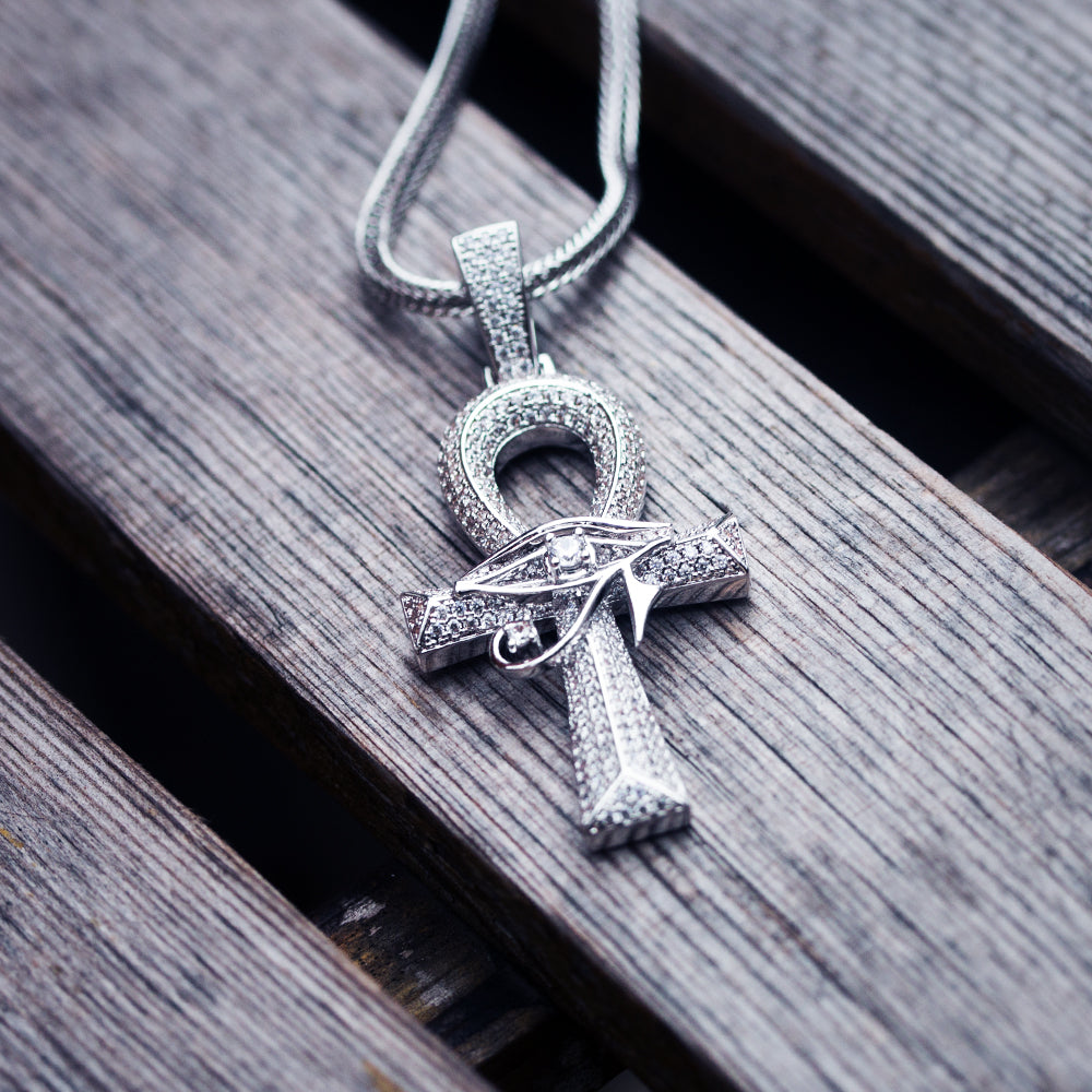Iced Out The Eye Of Horus Ankh Mens Cross Moissanite Pendant in White Gold